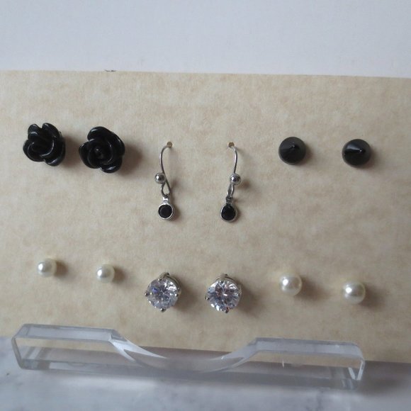 Bundle of Six Earrings S6 Black Camelia Rose Pearl and Faux Diamond Studs - Picture 3 of 5